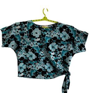 Michael Kors Blue Floral Print Dolman Sleeve Tie Waist Boxy Blouse 2X Lagenlook